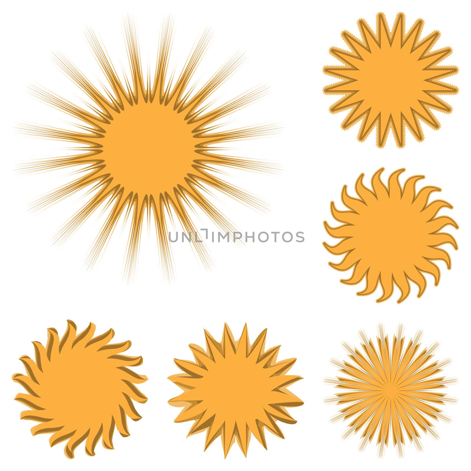 Different sun icons set isolated on white background.