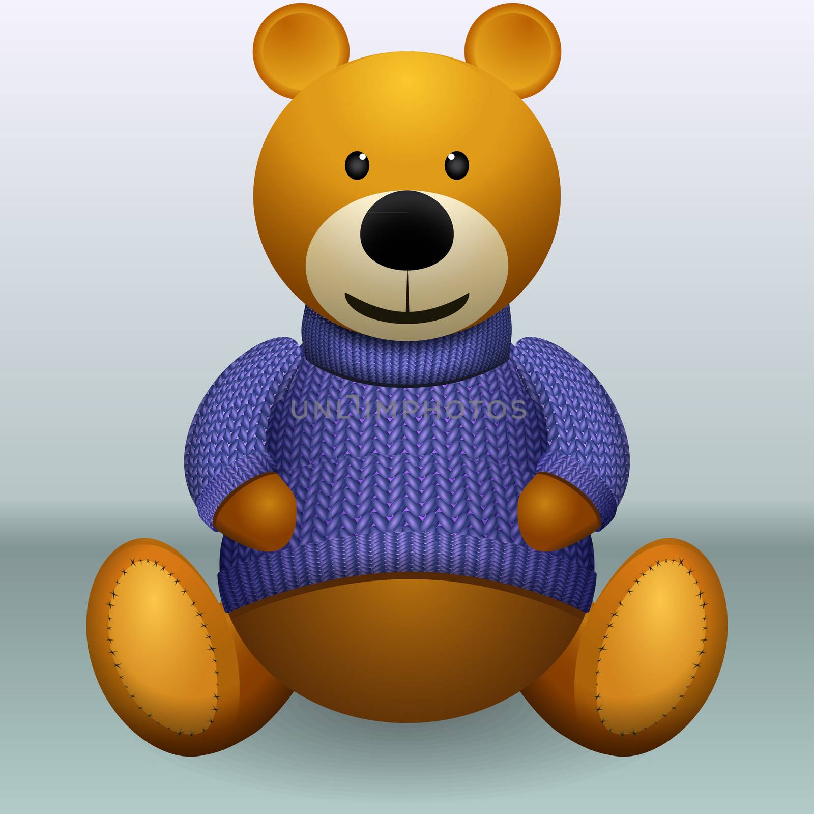 Teddy bear in sweater grey ackground.