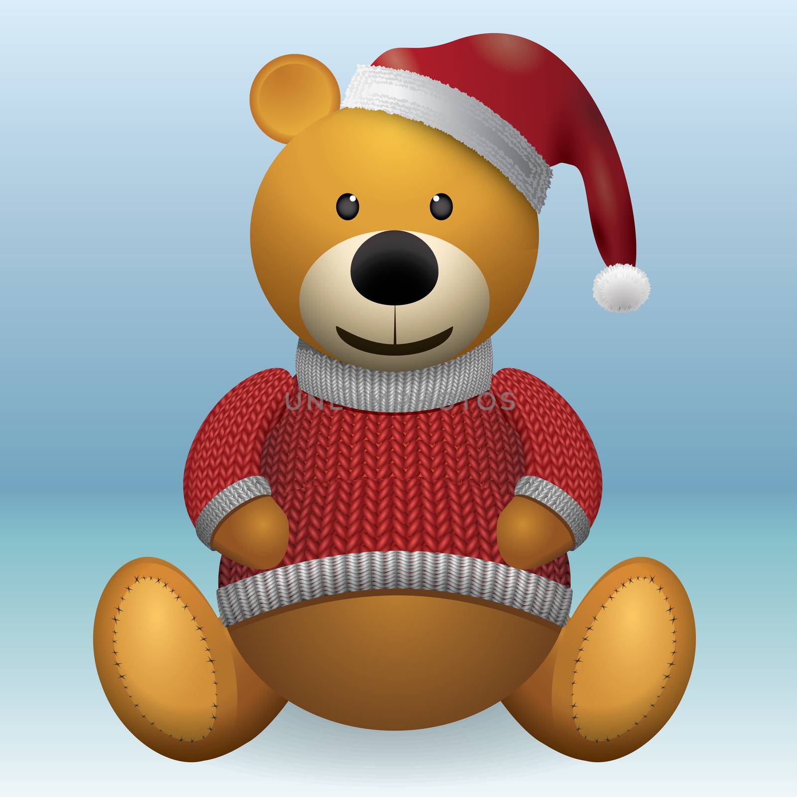 Teddy bear in red sweater red hat.