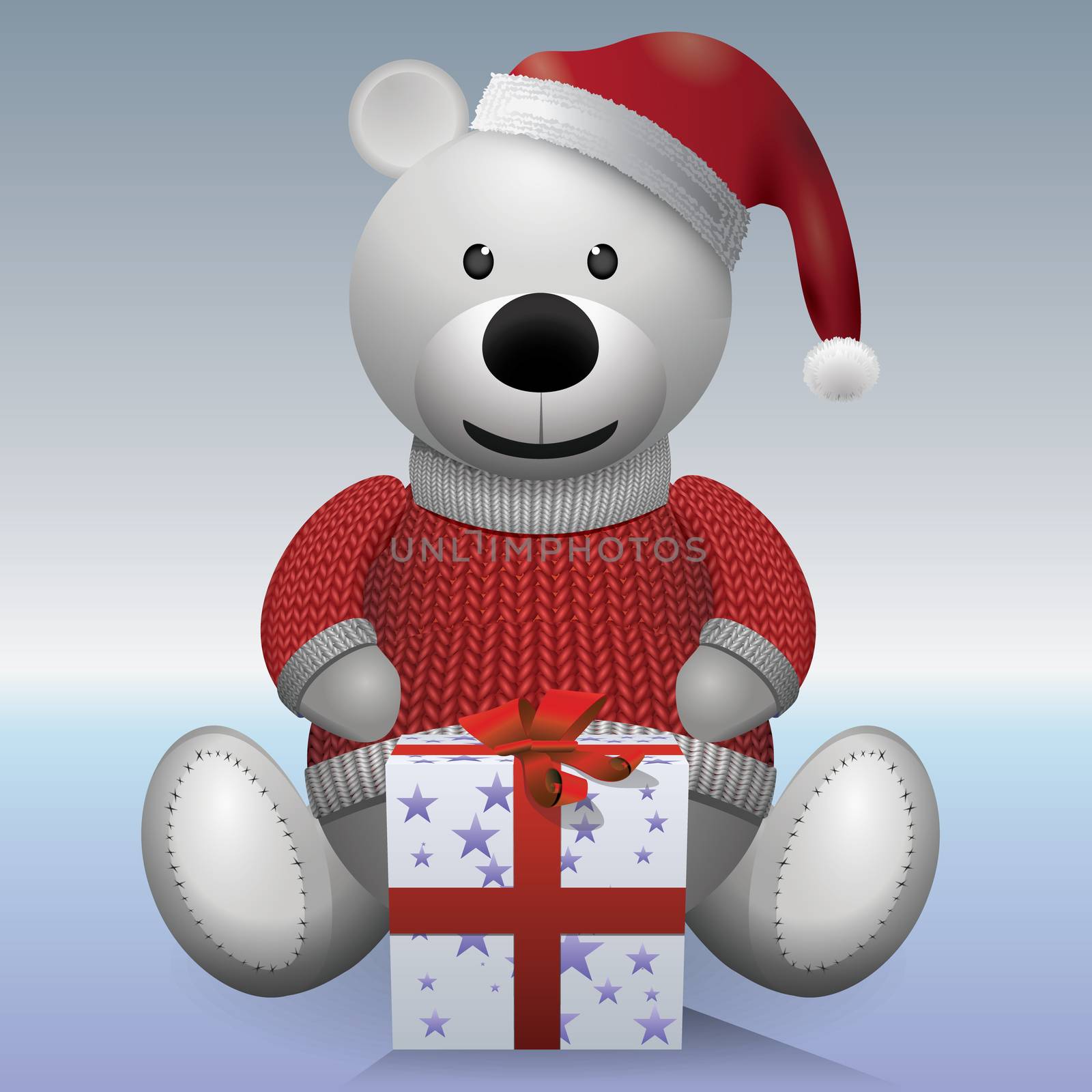 Teddy bear white in red sweater and red hat with present.