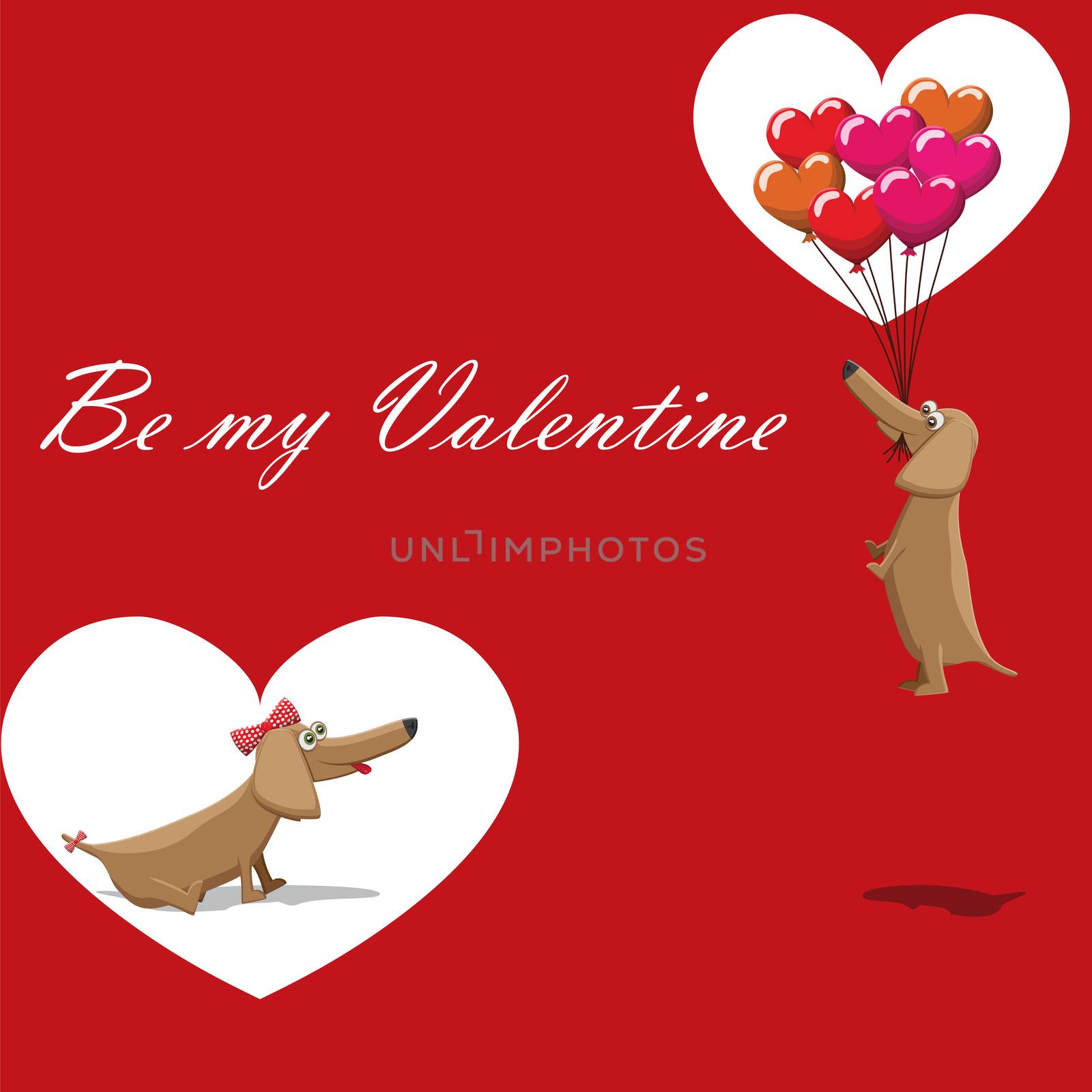 Valentine's Day, dog with balloons flying, postcard text be my valentine.