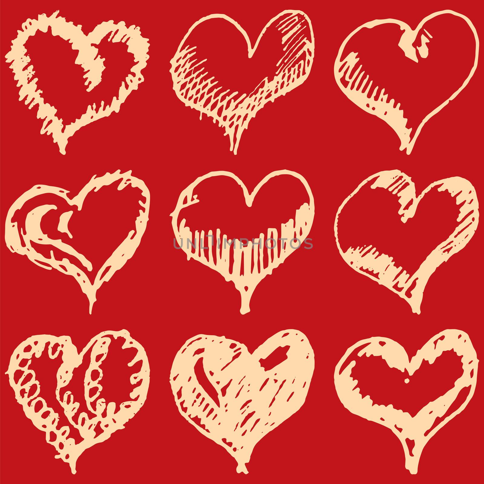 valentine hearts sketch set on red background.