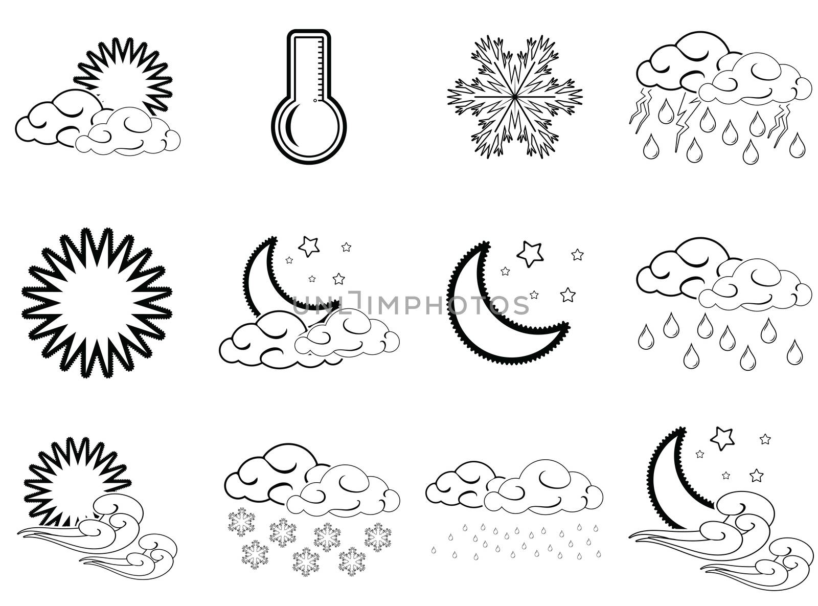Night day weather colour icons set black outlined isolated on white background.
