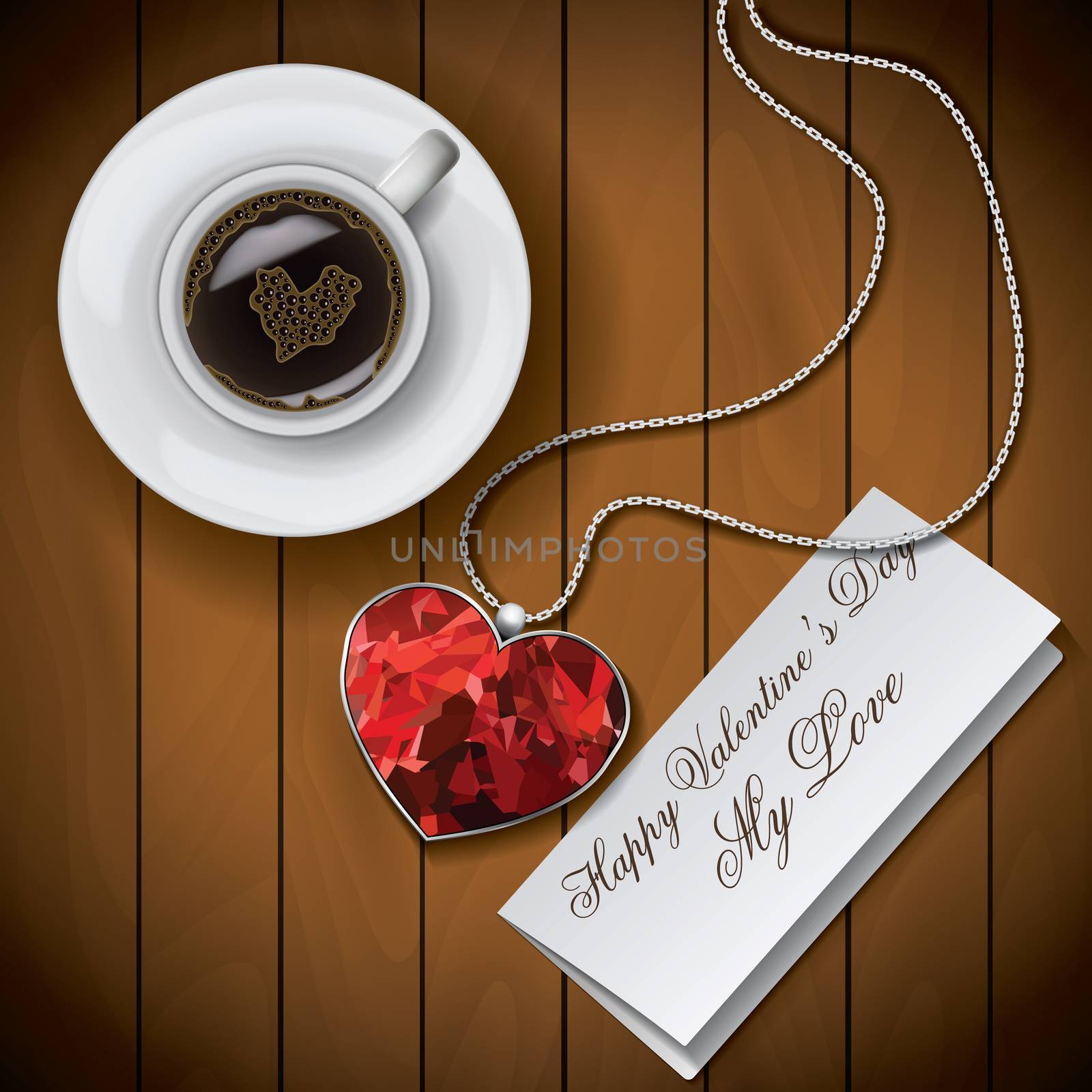 Coffee cup with Letter with pendant on wood background.