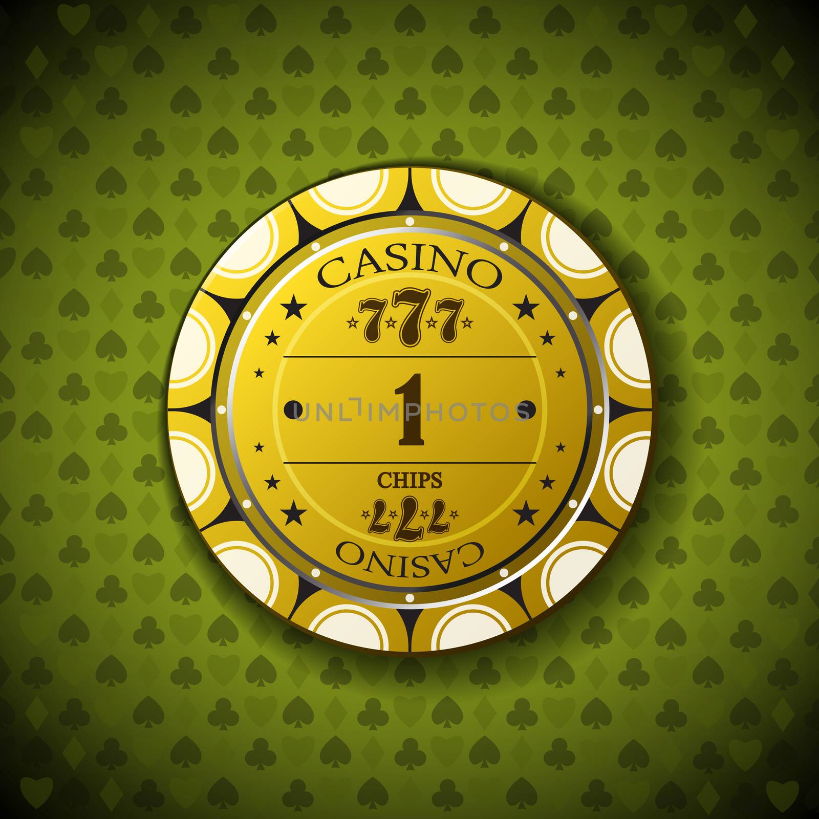 Poker chip nominal one, on card symbol background.