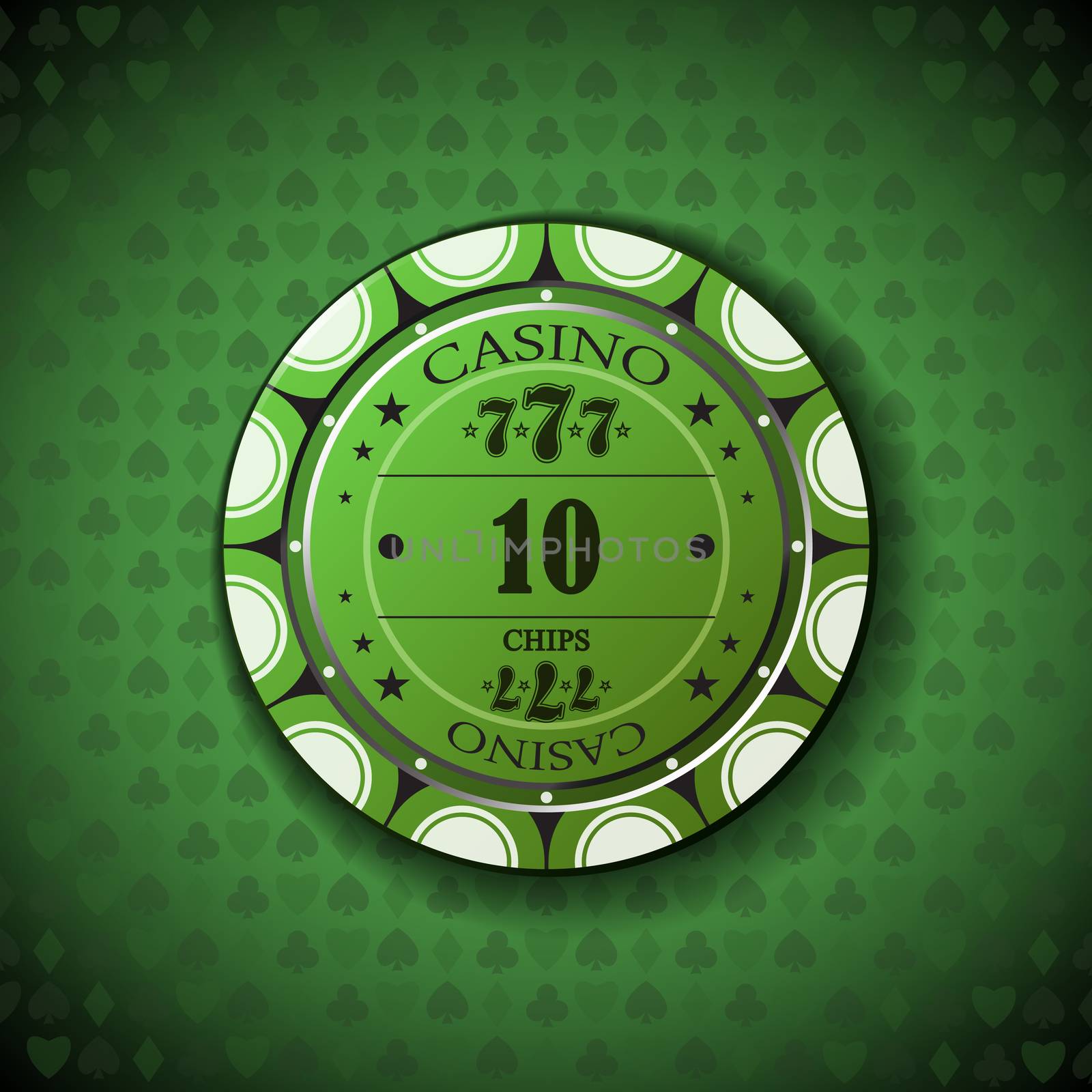Poker chip nominal ten, on card symbol background.