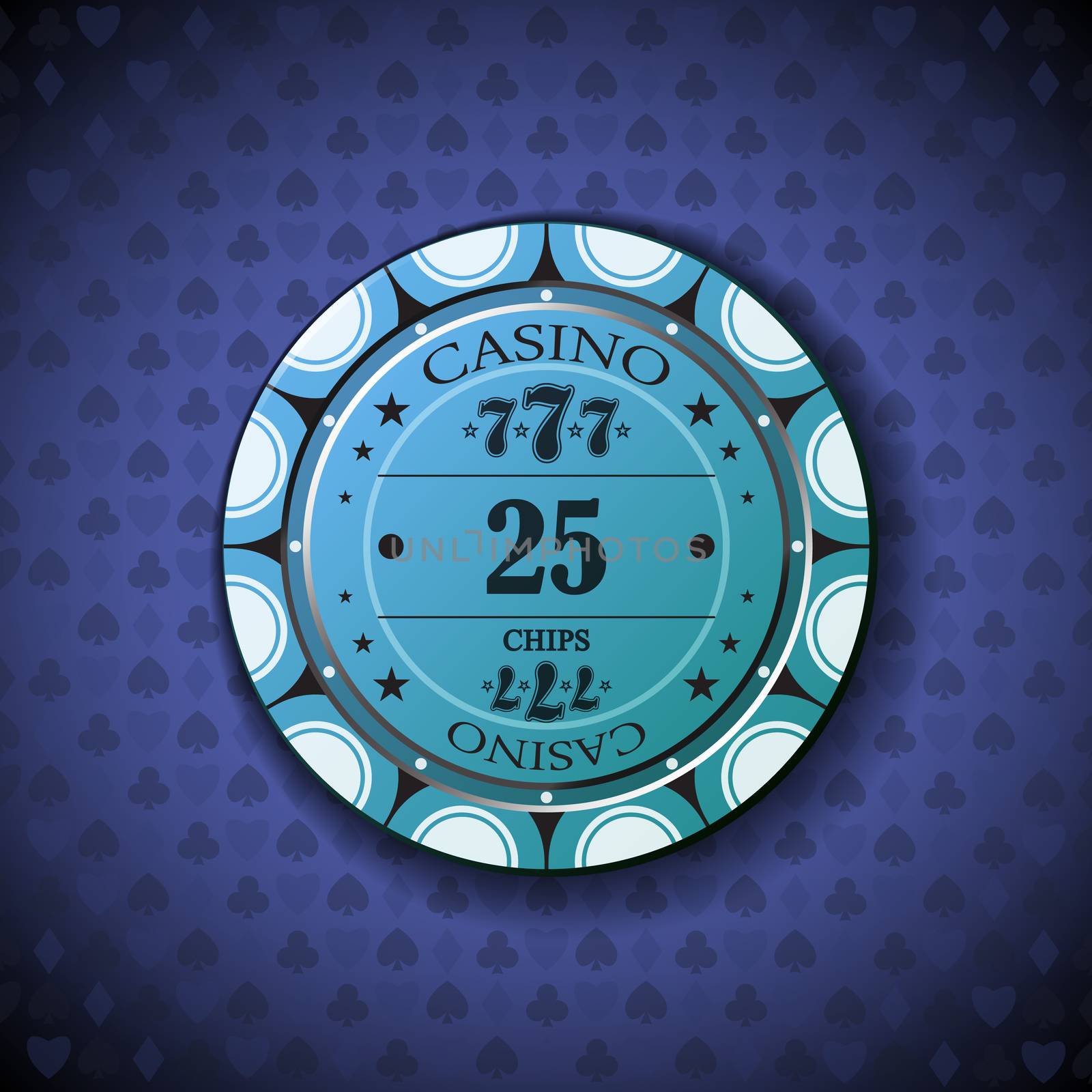 Poker chip nominal twenty five, on card symbol background.