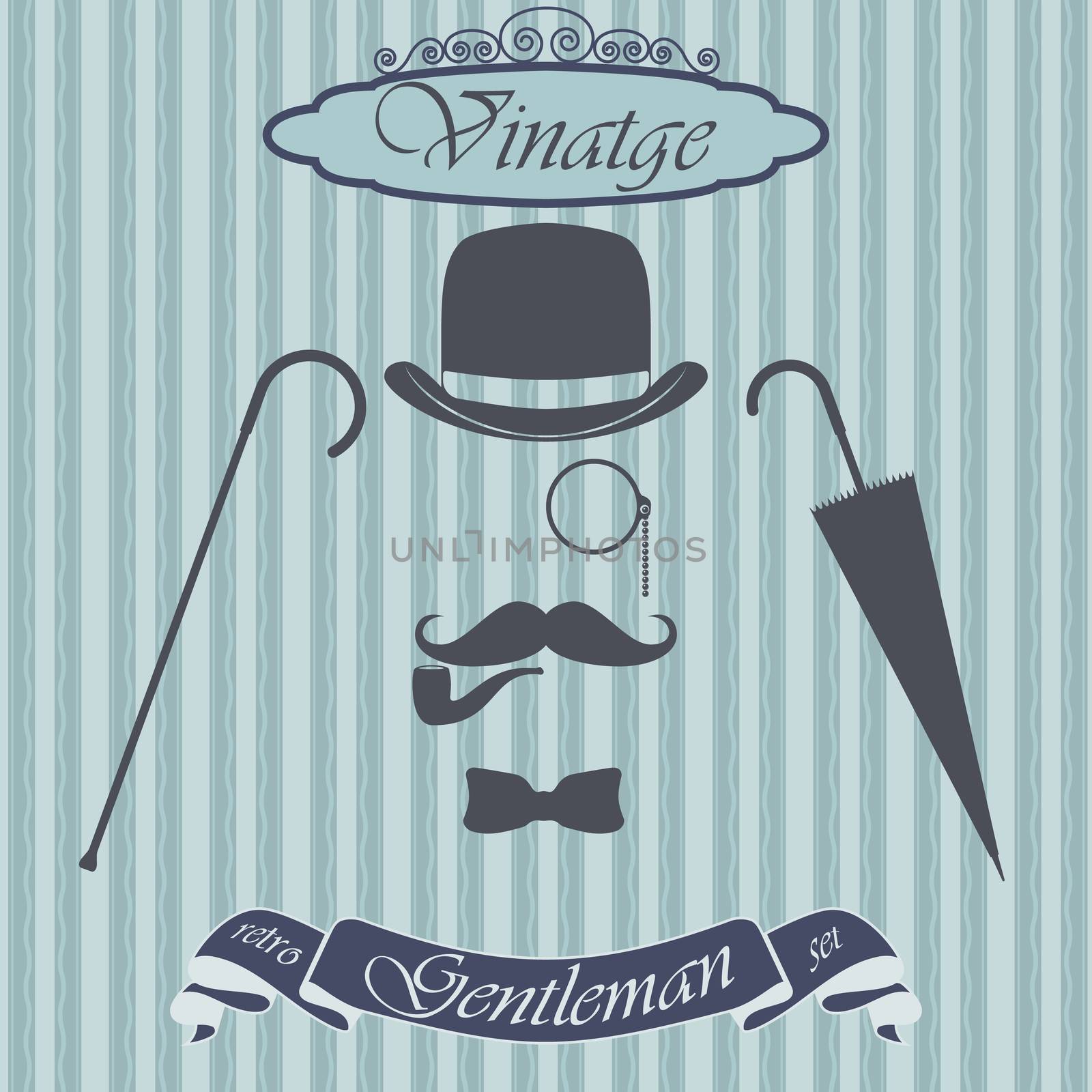 Retro gentleman elements set - bowler, moustache, tobacco pipe monocle, cane and umbrella, on hipster background. Vintage sign design. Old fashiond theme label.