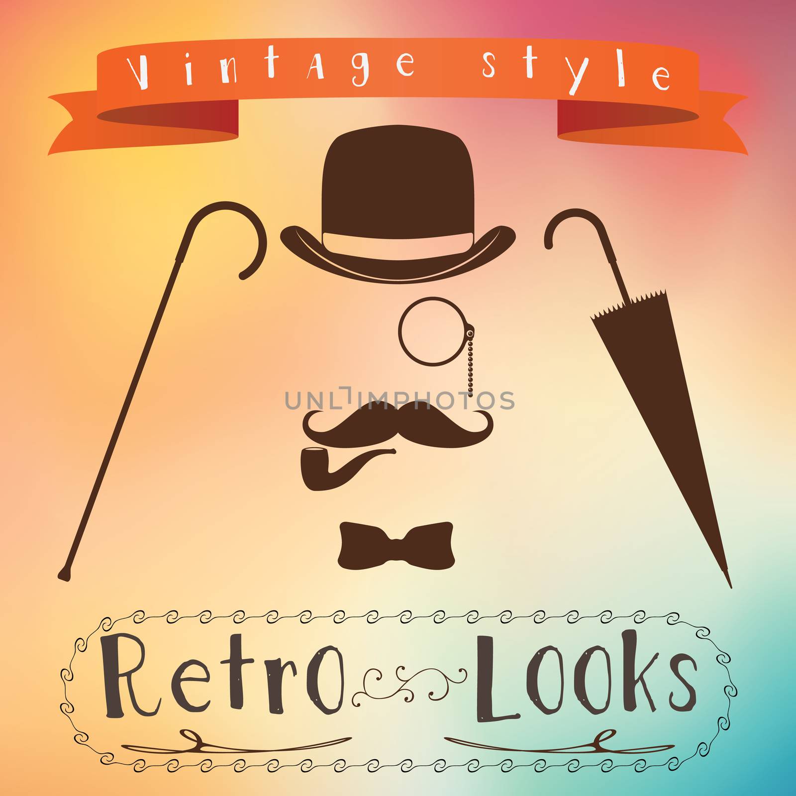 Retro gentleman elements set - bowler, moustache, tobacco pipe monocle, cane and umbrella by Lemon_workshop