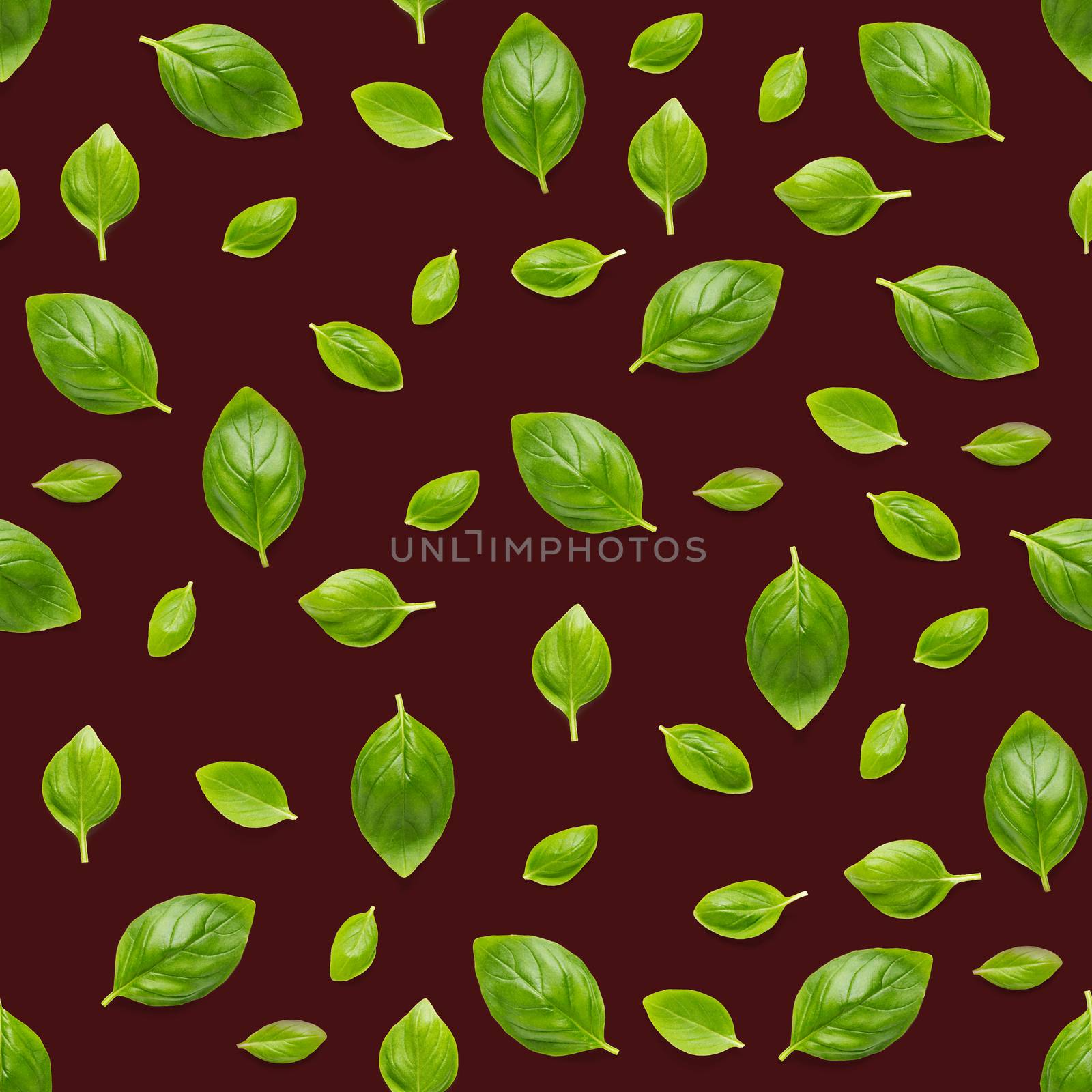 Italian Basil leaf herb seamless pattern on red background, Creative seamless pattern made from fresh green basil flat lay layout. Food ingredient seamless pattern.