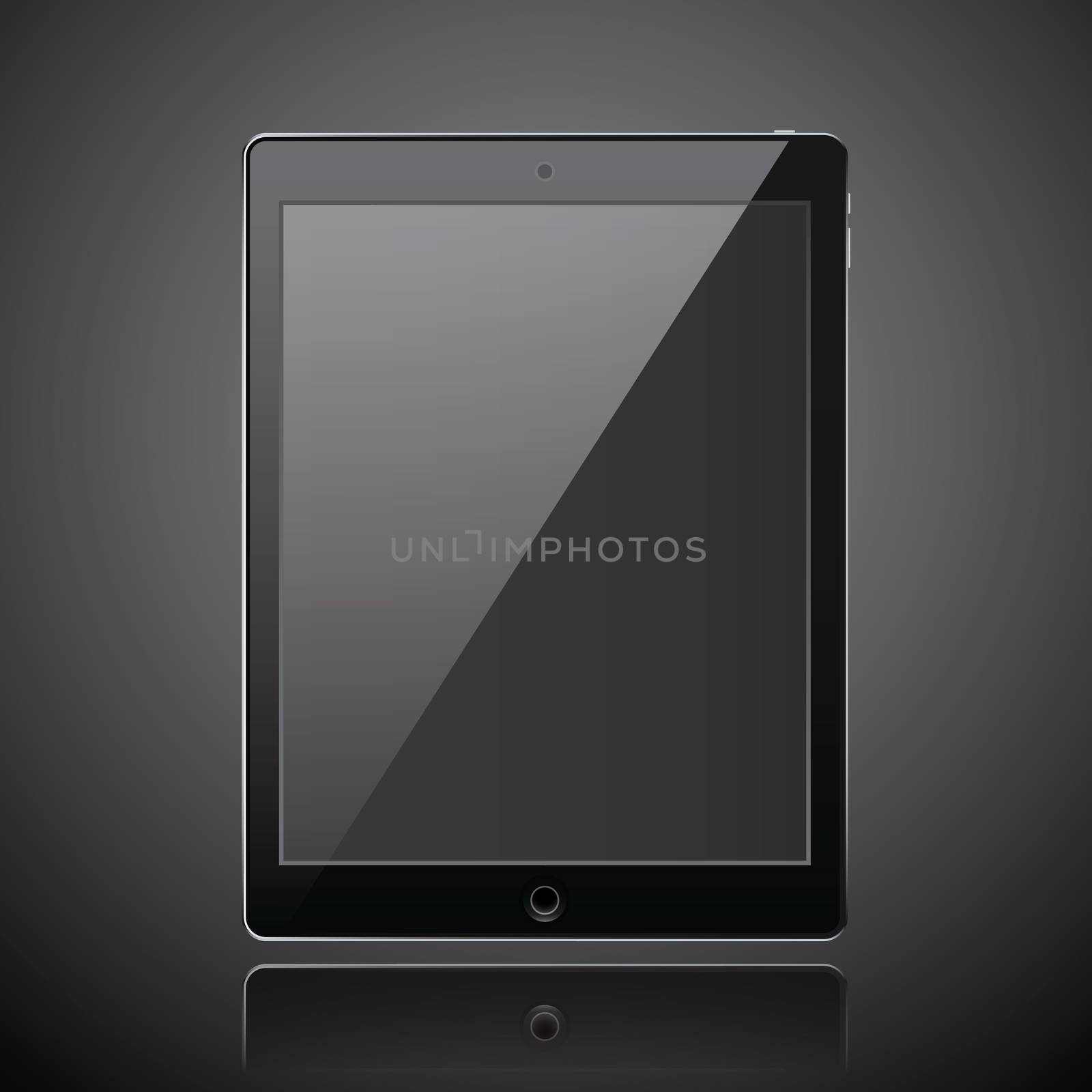 New realistic tablet modern style dark background with reflection.