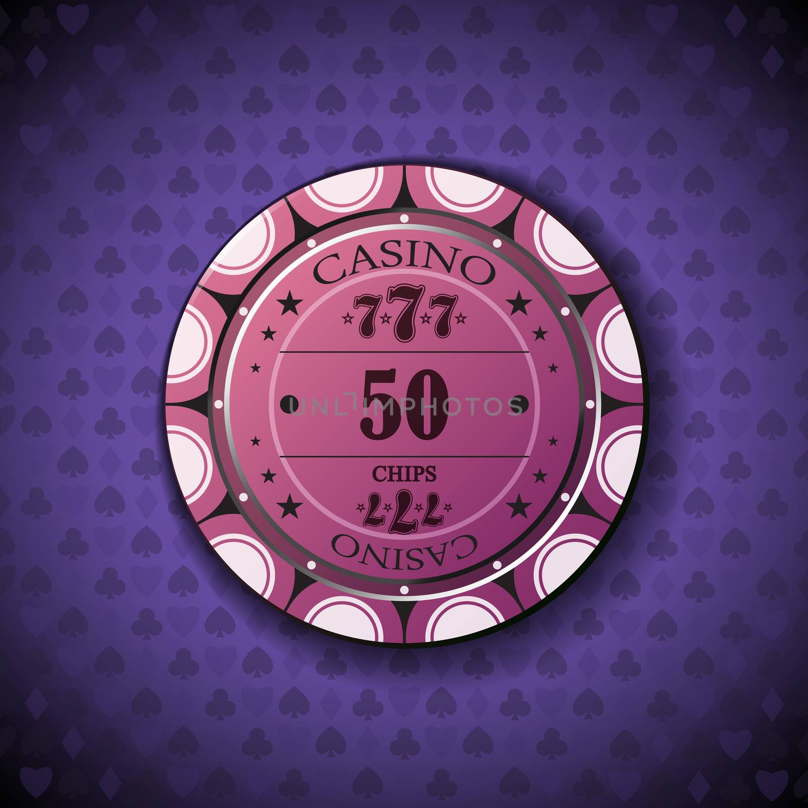 Poker chip nominal fifty, on card symbol background.