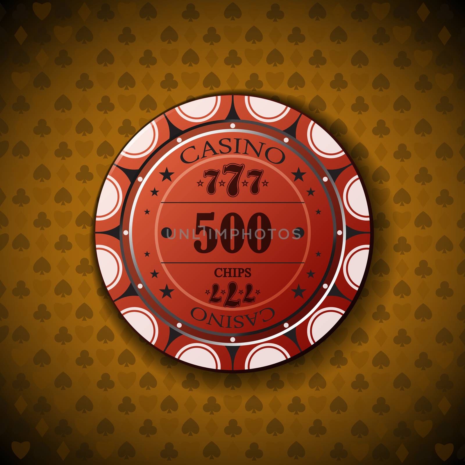 Poker chip nominal five hundred, on card symbol background.