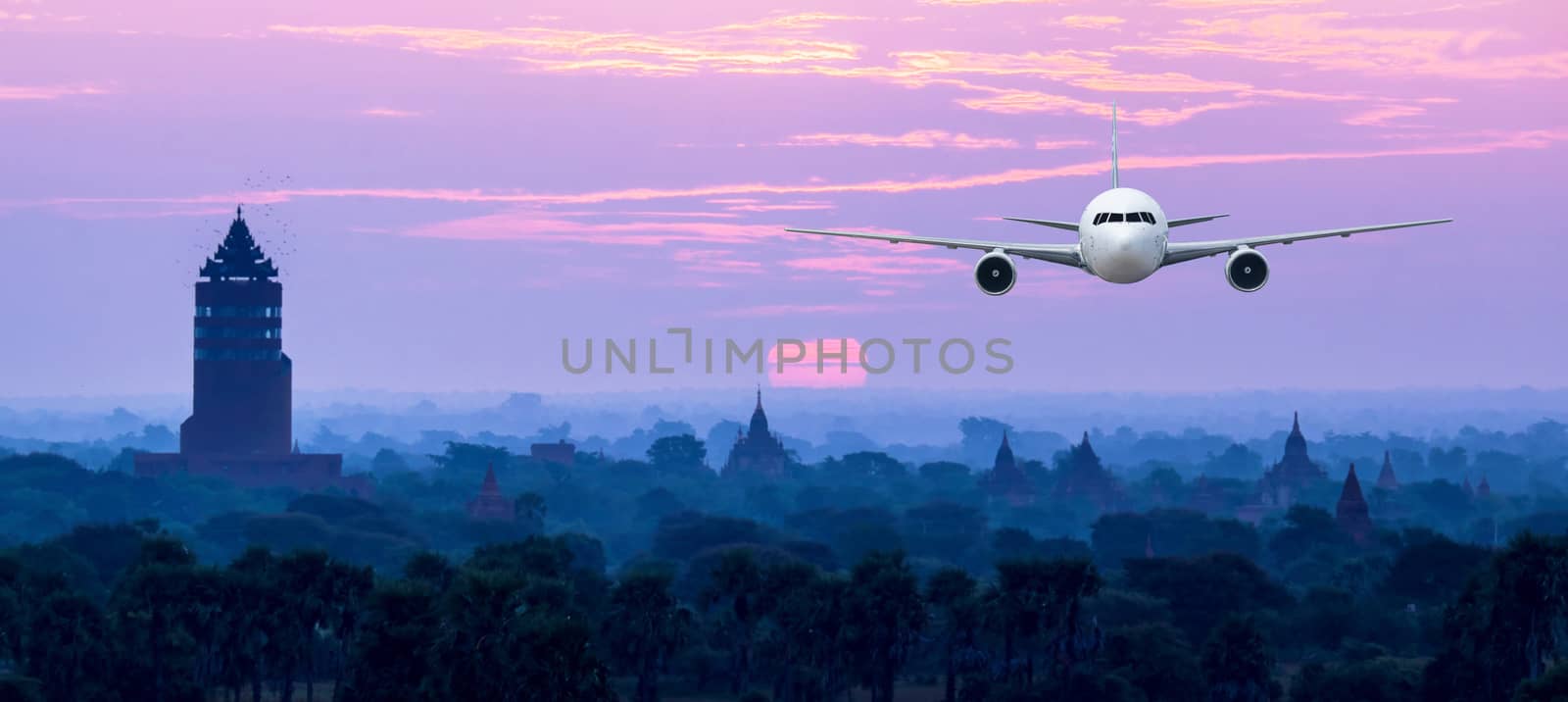 Front of real plane aircraft, on Pagoda Sunset in Bagan,Myanmar background