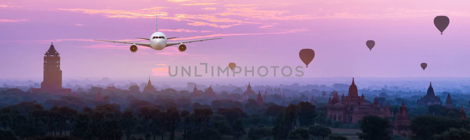 Front of real plane aircraft, on Pagoda Sunset in Bagan,Myanmar background