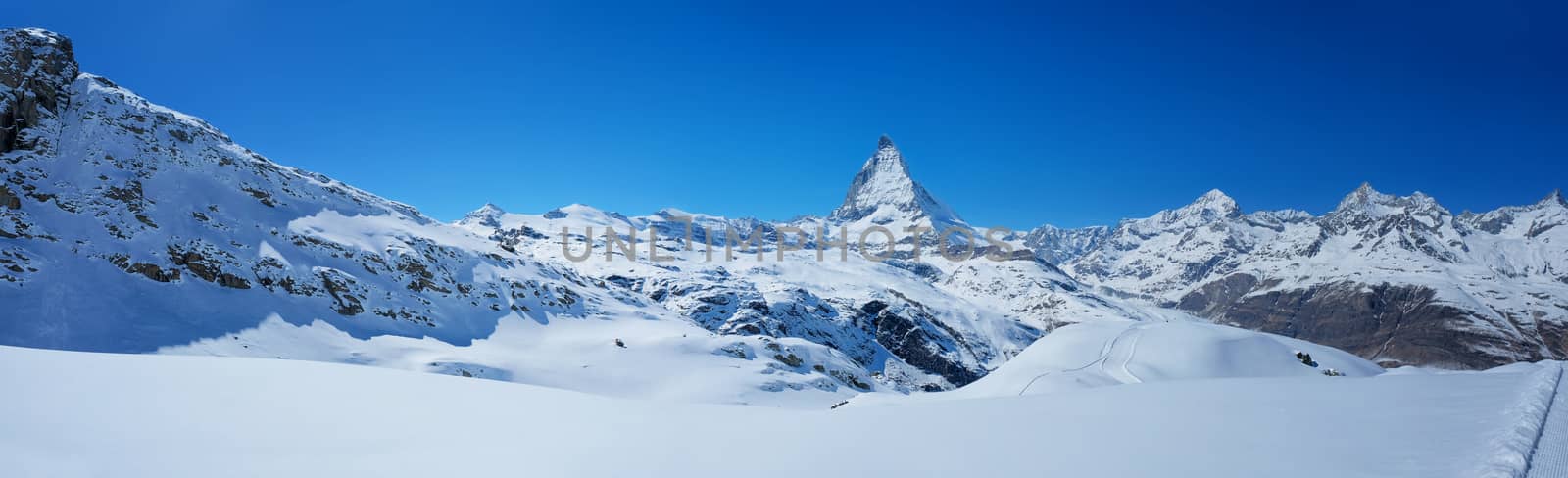 Panoramic beautiful view of snow mountain Matterhorn peak, Zermatt, Switzerland.