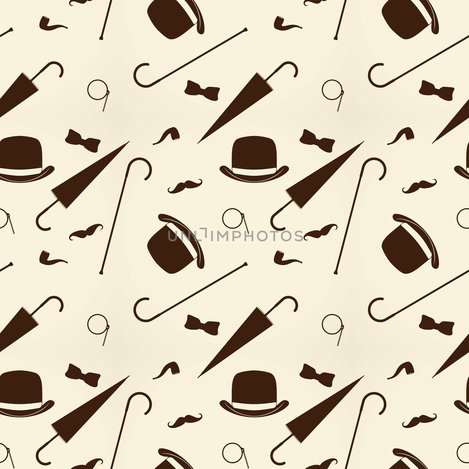 Retro gentleman elements - bowler, moustache, tobacco pipe monocle, cane and umbrella seamless pattern by Lemon_workshop