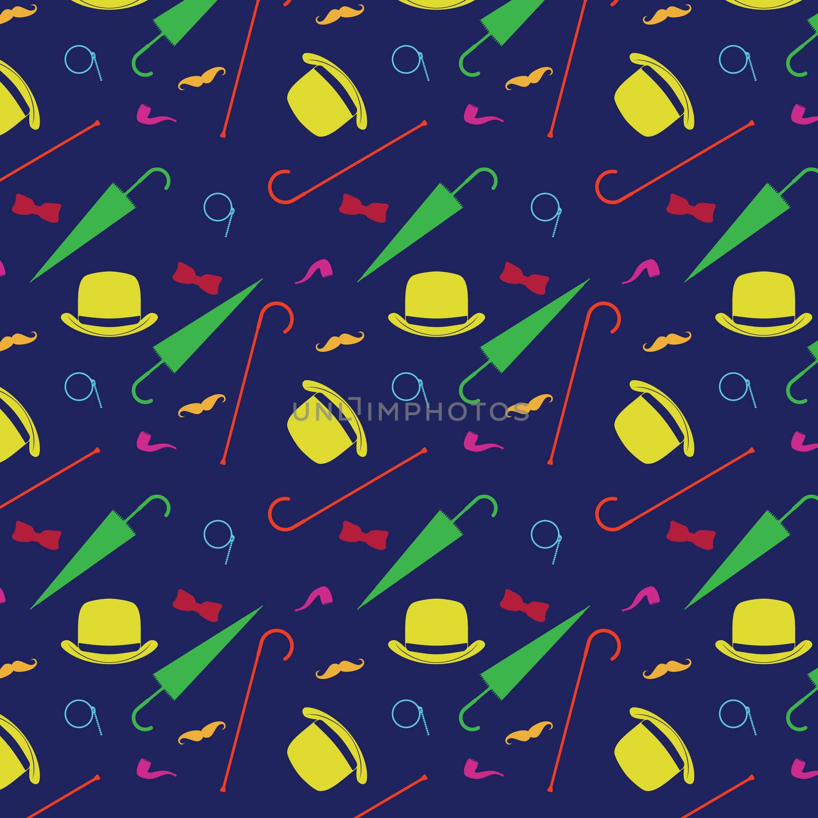 Retro gentleman elements - bowler, moustache, tobacco pipe monocle, cane and umbrella seamless pattern by Lemon_workshop