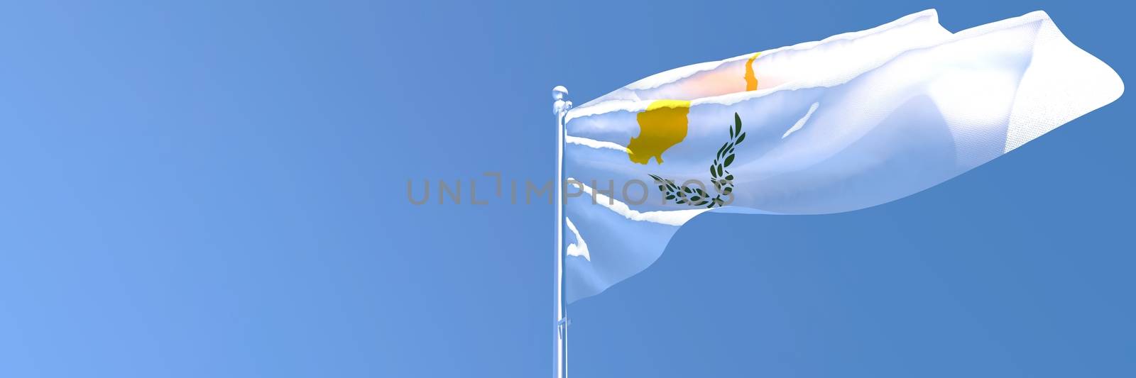 3D rendering of the national flag of Cyprus waving in the wind against a blue sky