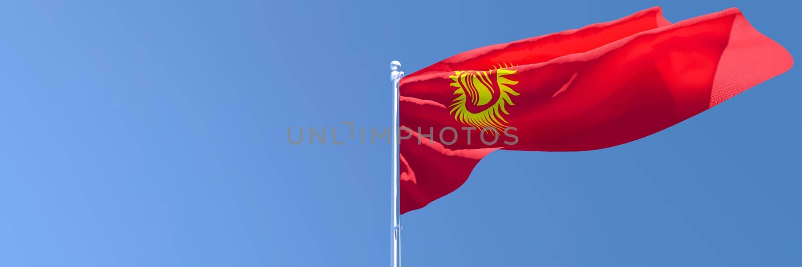 3D rendering of the national flag of Kyrgyzstan waving in the wind against a blue sky