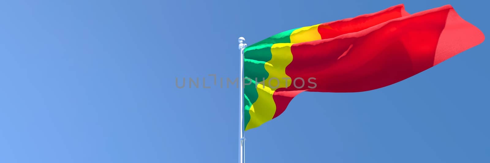 3D rendering of the national flag of Congo waving in the wind against a blue sky