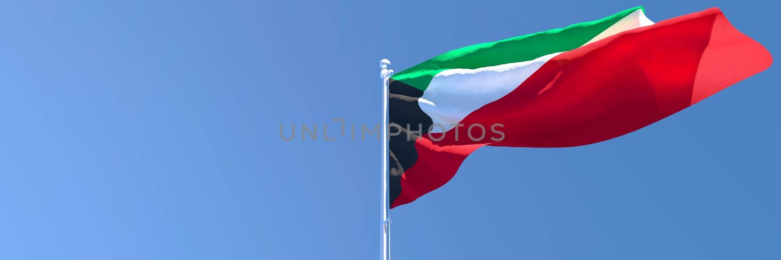 3D rendering of the national flag of Kuwait waving in the wind against a blue sky