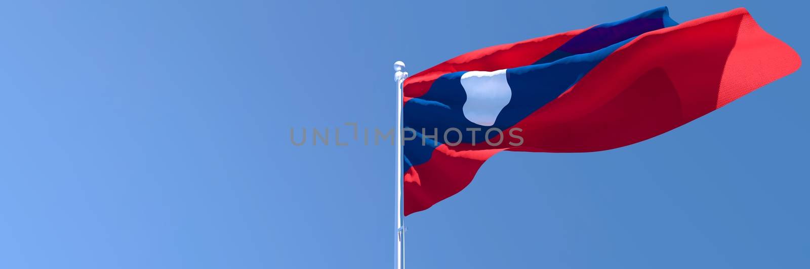 3D rendering of the national flag of Laos waving in the wind against a blue sky