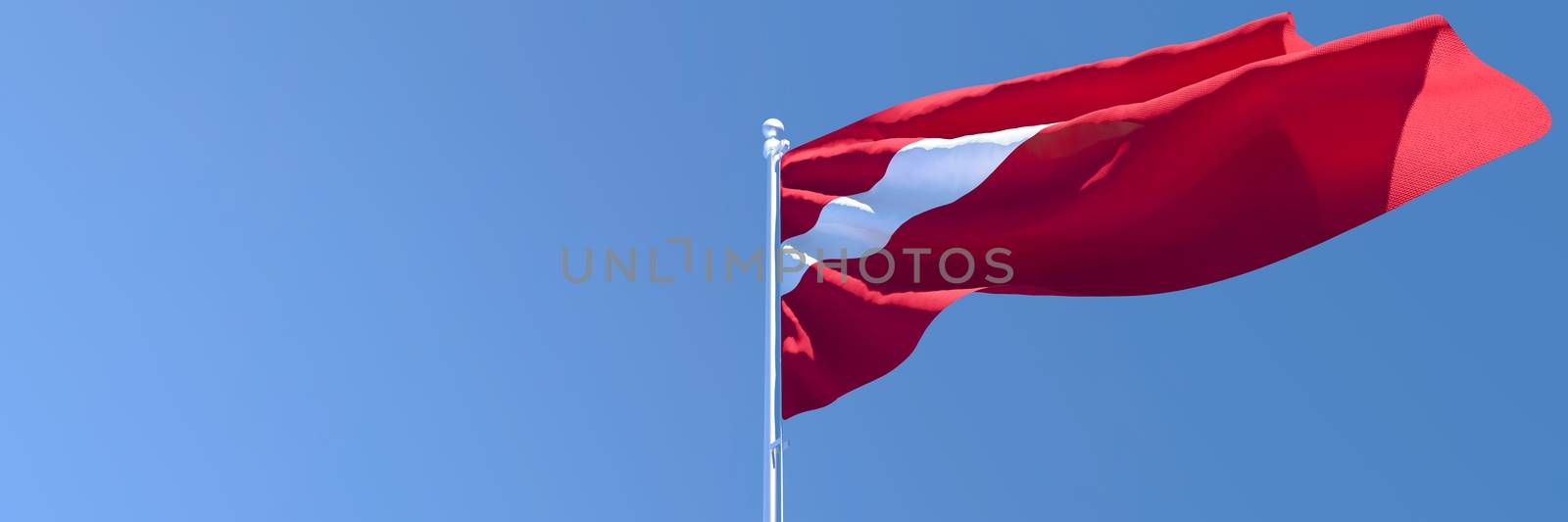 3D rendering of the national flag of Latvia waving in the wind against a blue sky