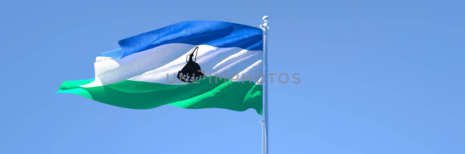 3D rendering of the national flag of Lesotho waving in the wind against a blue sky