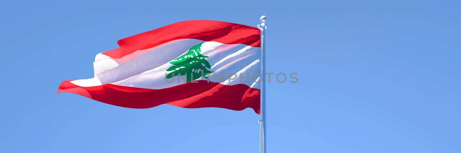 3D rendering of the national flag of Lebanon waving in the wind against a blue sky