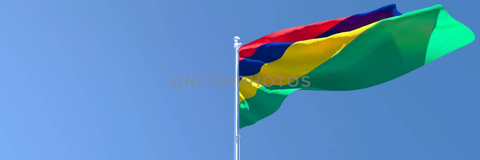 3D rendering of the national flag of Mauritius waving in the wind against a blue sky