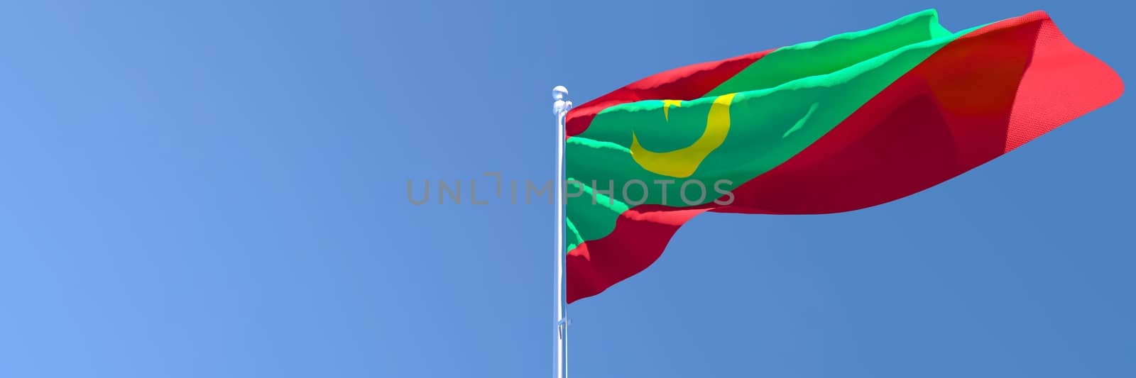 3D rendering of the national flag of Mauritania waving in the wind against a blue sky