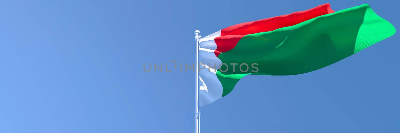 3D rendering of the national flag of Madagascar waving in the wind against a blue sky