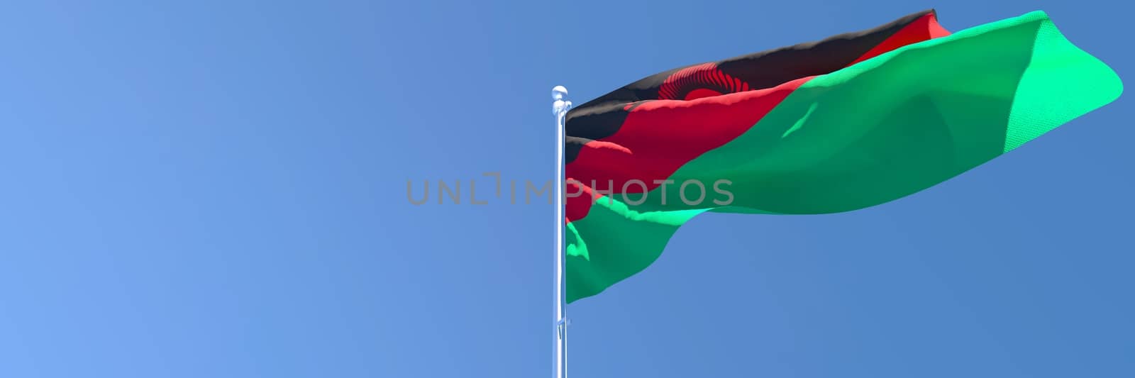 3D rendering of the national flag of Malawi waving in the wind against a blue sky