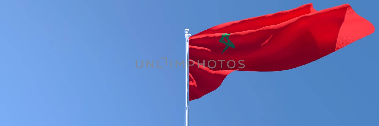 3D rendering of the national flag of Morocco waving in the wind against a blue sky