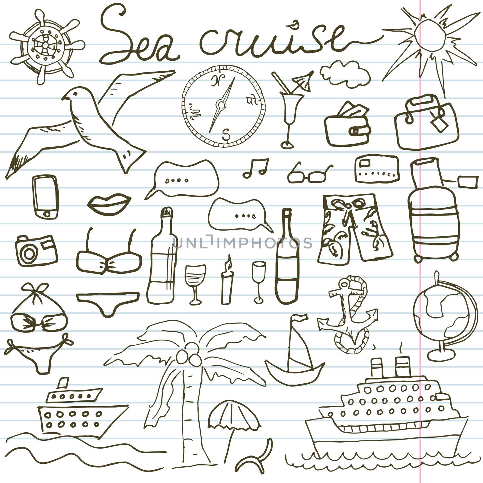 Hand drawn sketch sea cruise doodles vector illustration of Travel and summer elements, on paper notebook by Lemon_workshop