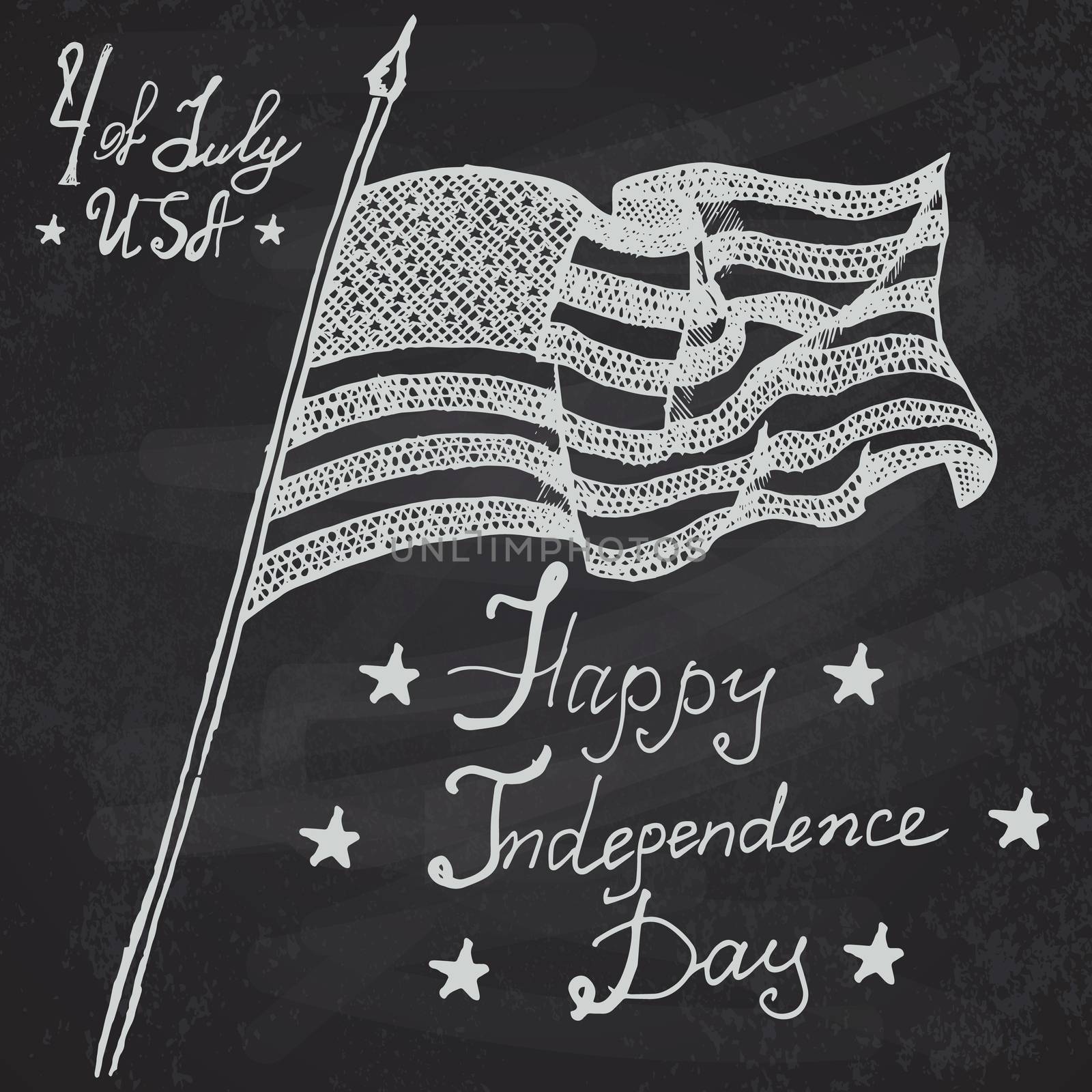 Usa waving flag, American symbol, forth of july, Hand drawn sketch, text happy independence day, vector illustration, on chalkboard background.