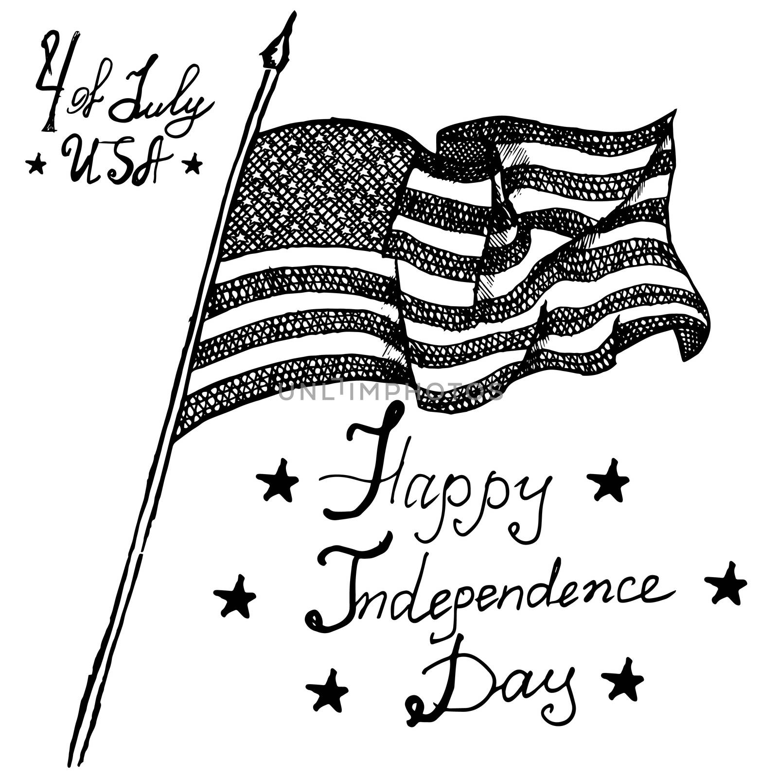 Usa waving flag, American symbol, forth of july, Hand drawn sketch, text happy independence day, vector illustration, isolated on white by Lemon_workshop