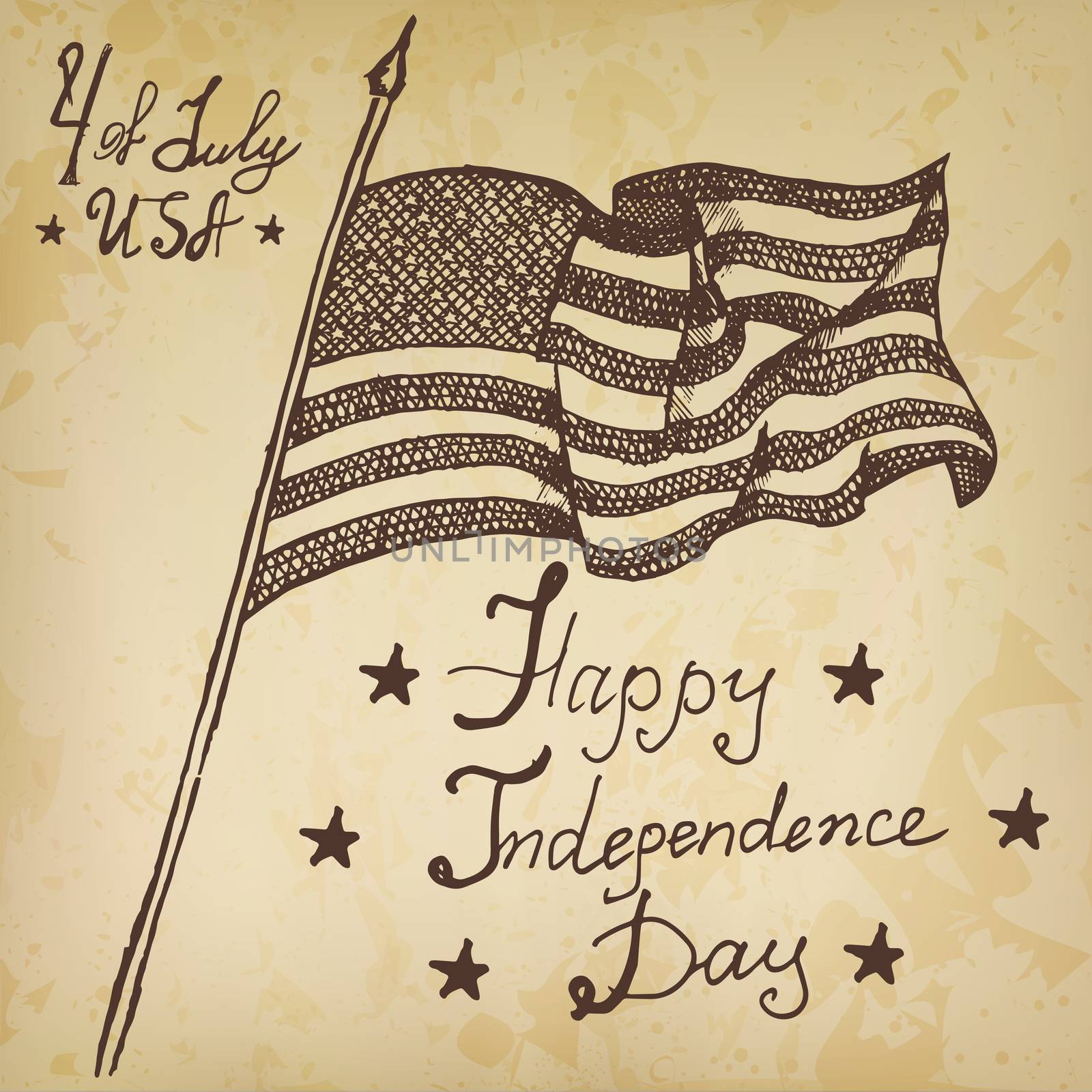 Usa waving flag, American symbol, forth of july, Hand drawn sketch, text happy independence day, vector illustration, on old paper background by Lemon_workshop