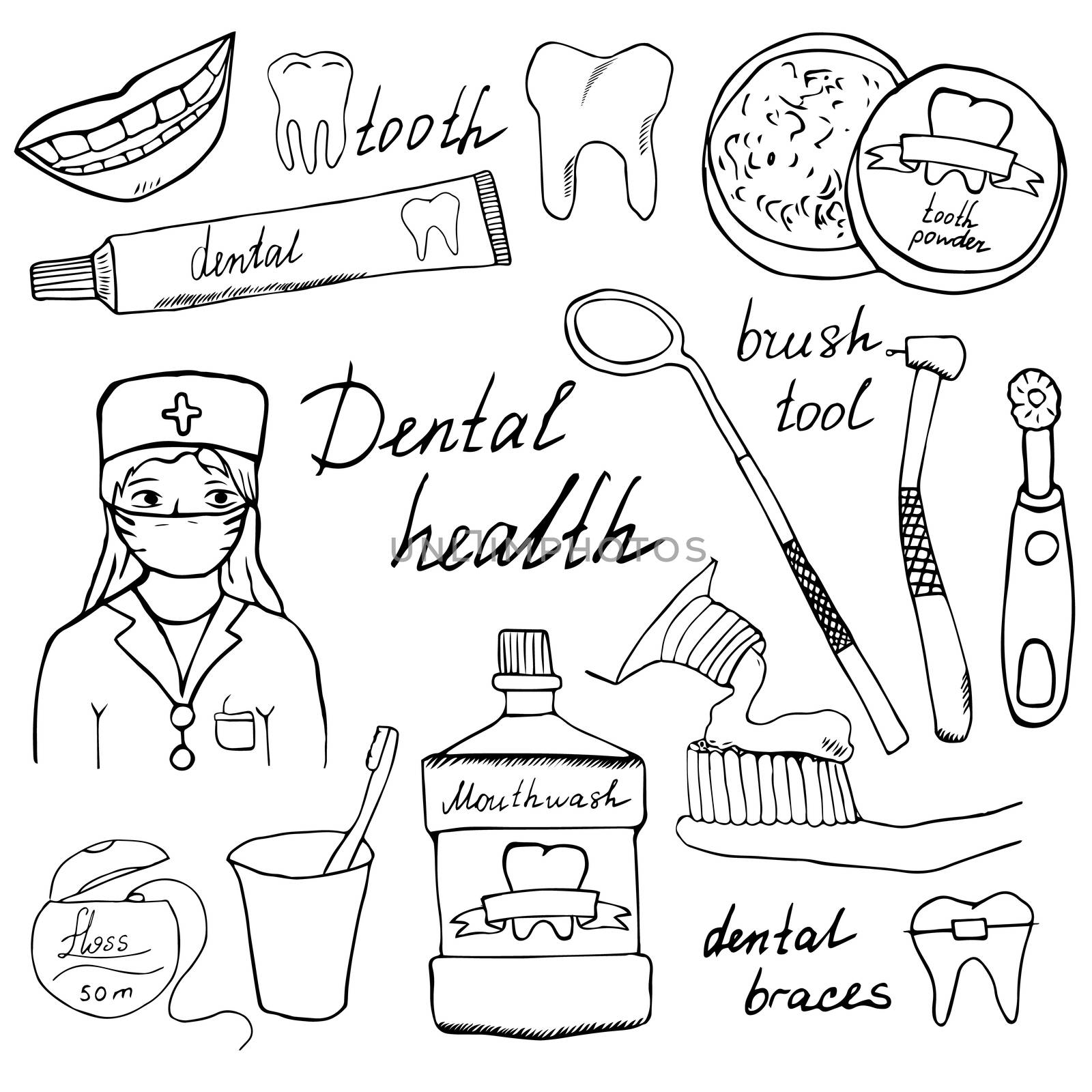Dental health doodles icons set. Hand drawn sketch with teeth, toothpaste toothbrush dentist mouth wash and floss. vector illustration isolated by Lemon_workshop