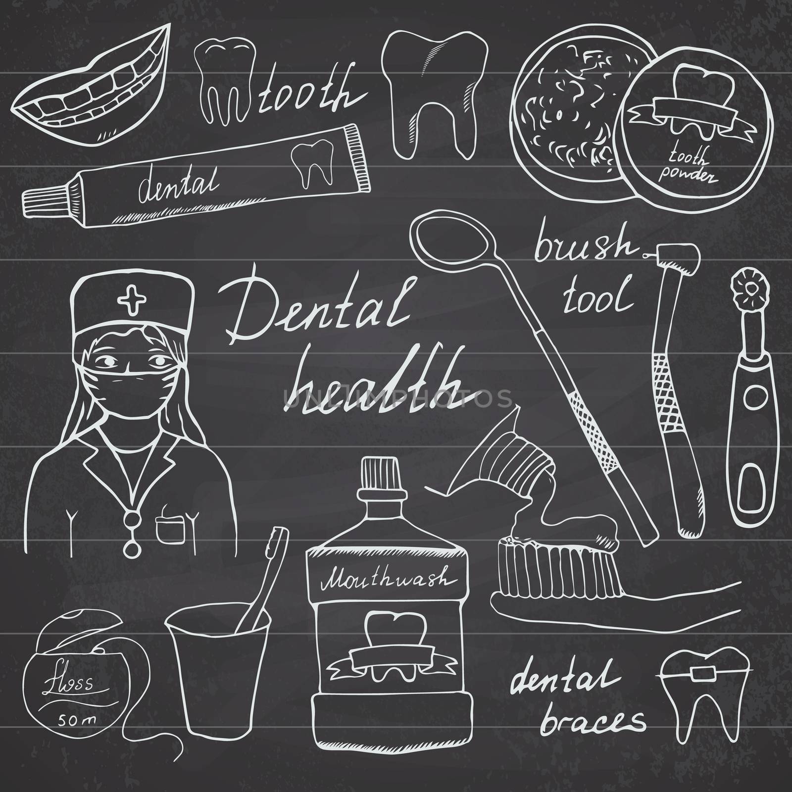 Dental health doodles icons set. Hand drawn sketch with teeth, toothpaste toothbrush dentist mouth wash and floss. vector illustration on chalkboard background by Lemon_workshop