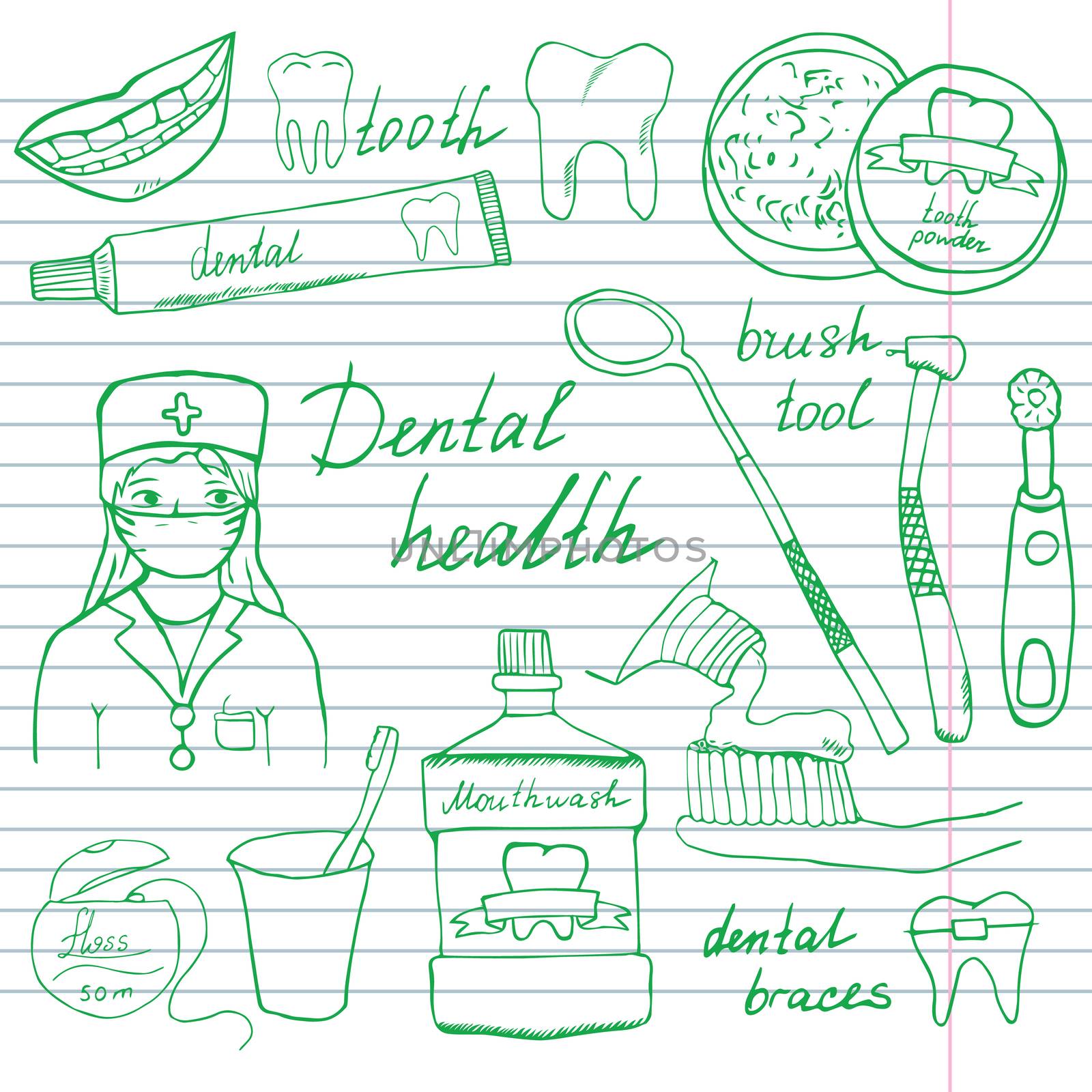 Dental health doodles icons set. Hand drawn sketch with teeth, toothpaste toothbrush dentist mouth wash and floss. vector illustration on notebook paper background.