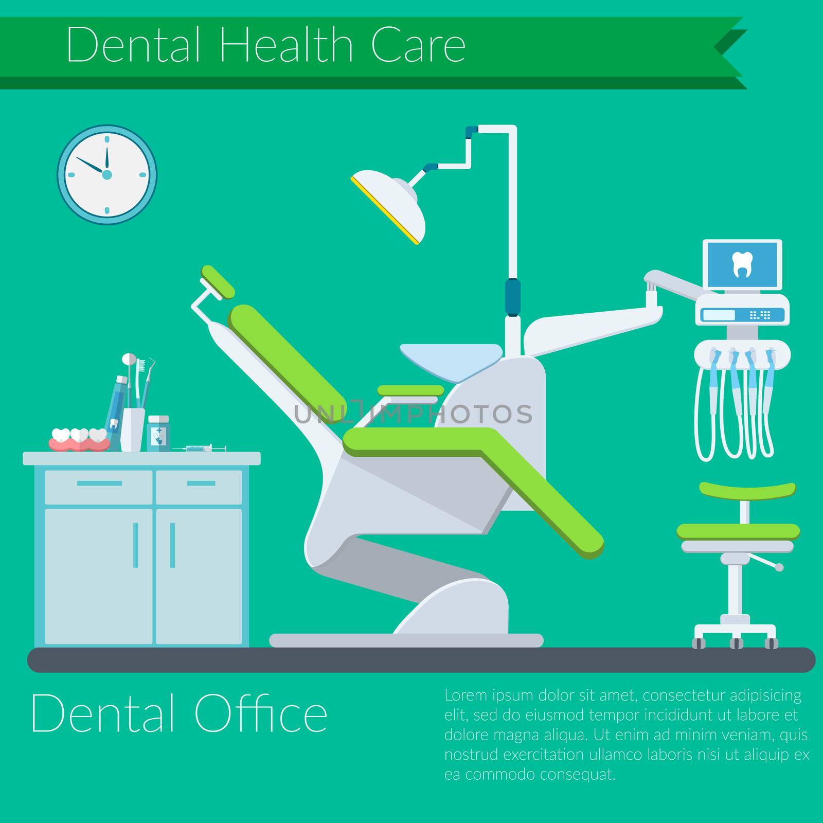 Dentist office flat design Vector illustration with Dental care items, teeth, tooth paste, brush, dentist chear on color background by Lemon_workshop