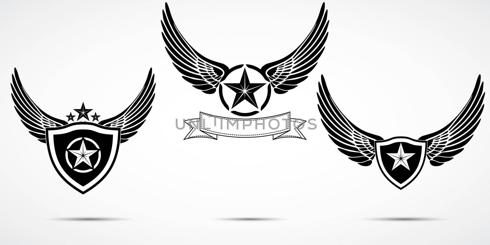 Wing abstract emblem set, logo template, badge label, icon, tattoo design.
