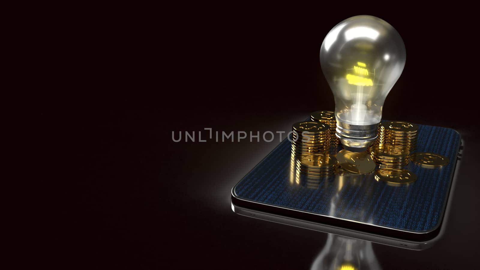 The light bulb and gold coins on tablet for idea or business content 3d rendering.
