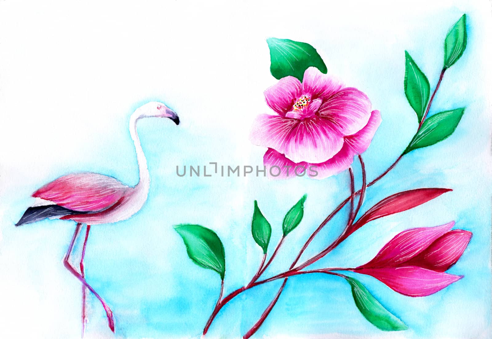 Pink flamingo bird and tropic flower. Bright watercolor illustration. Beach or summer concept. Hand-drawn artwork.