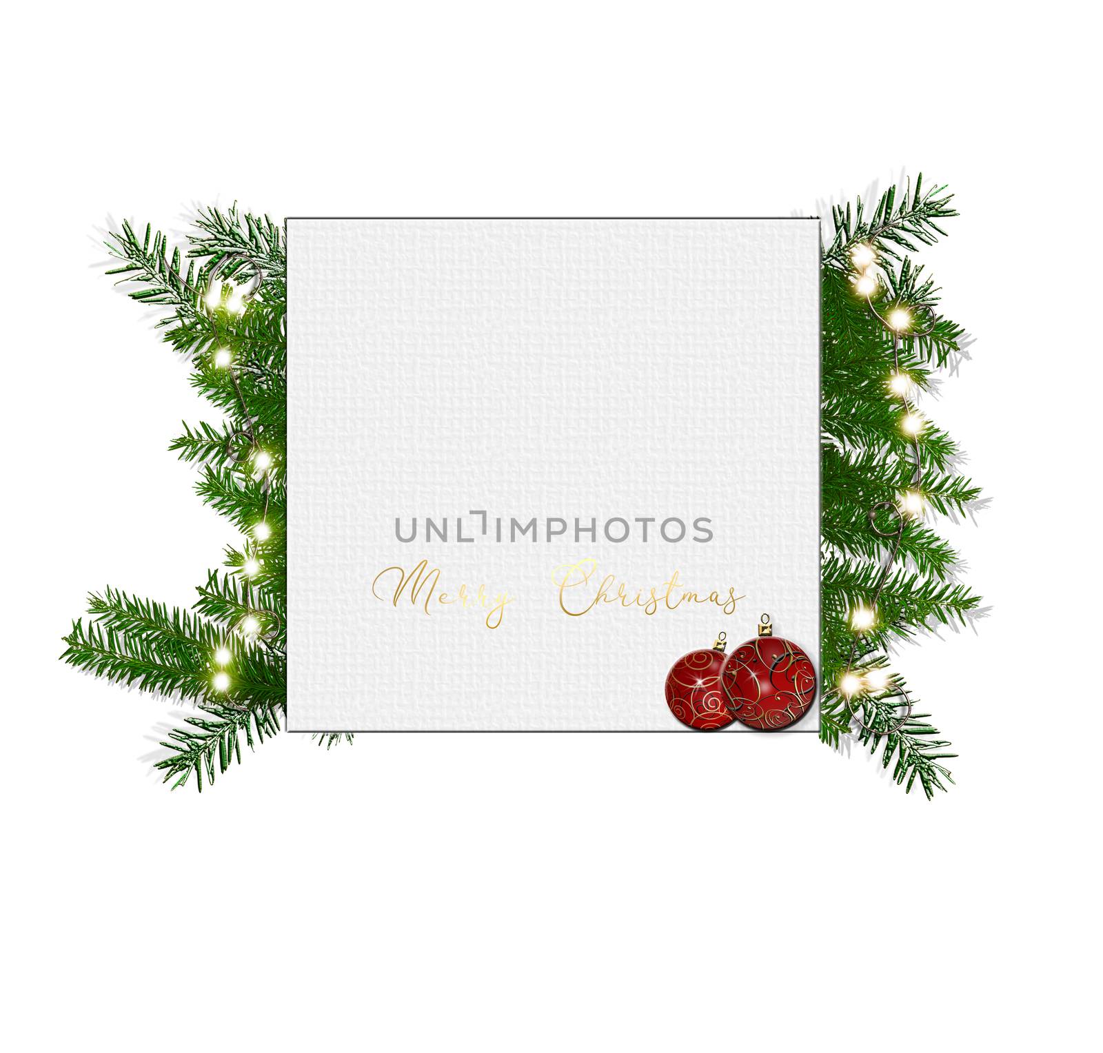Christmas composition. Paper blank, christmas tree branches, red balls with lights on white background. Text Merry Christmas. Flat lay, top view, copy space. 3D render