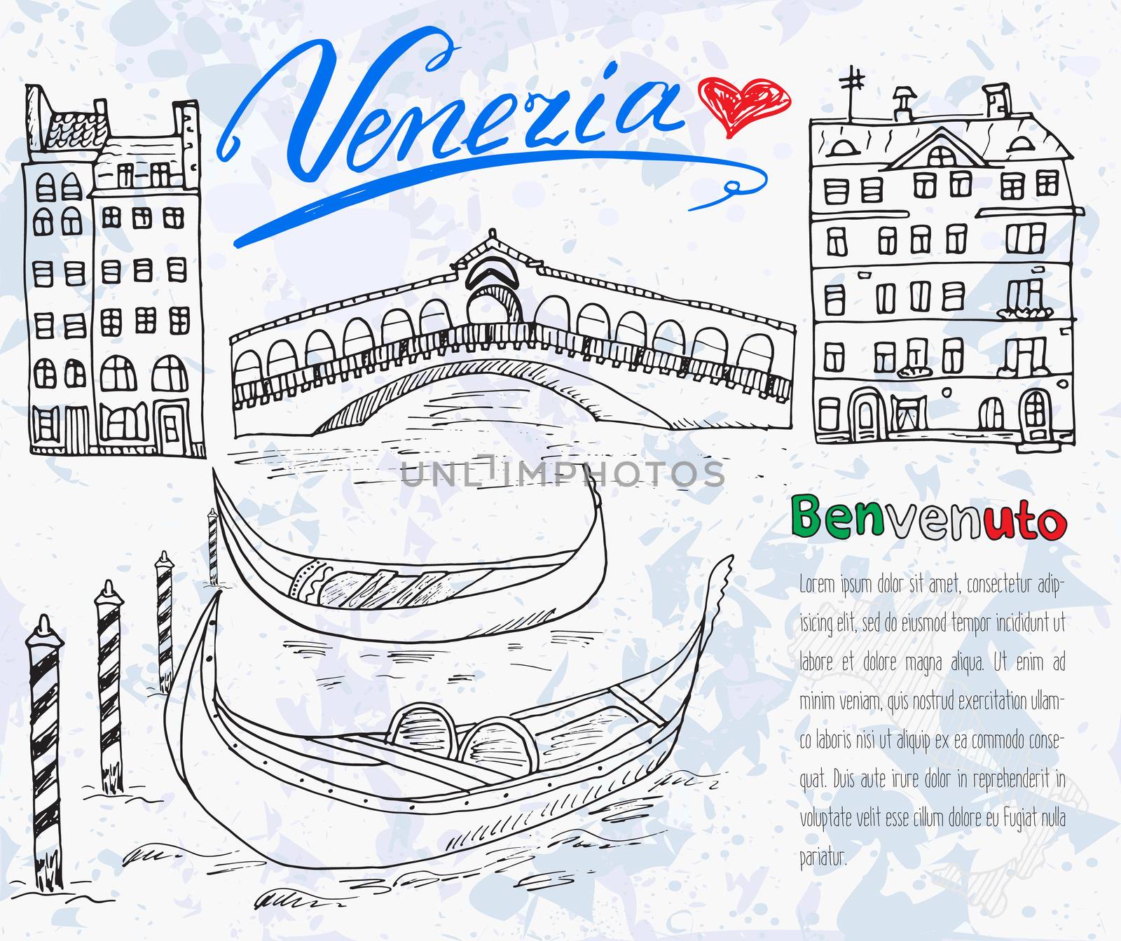 Venice Italy sketch elements. Hand drawn set with flag, map, gondolas, houses, market bridge. Lettering Venice, welcome in Italian. Drawing doodle collection and sampe text, isolated.