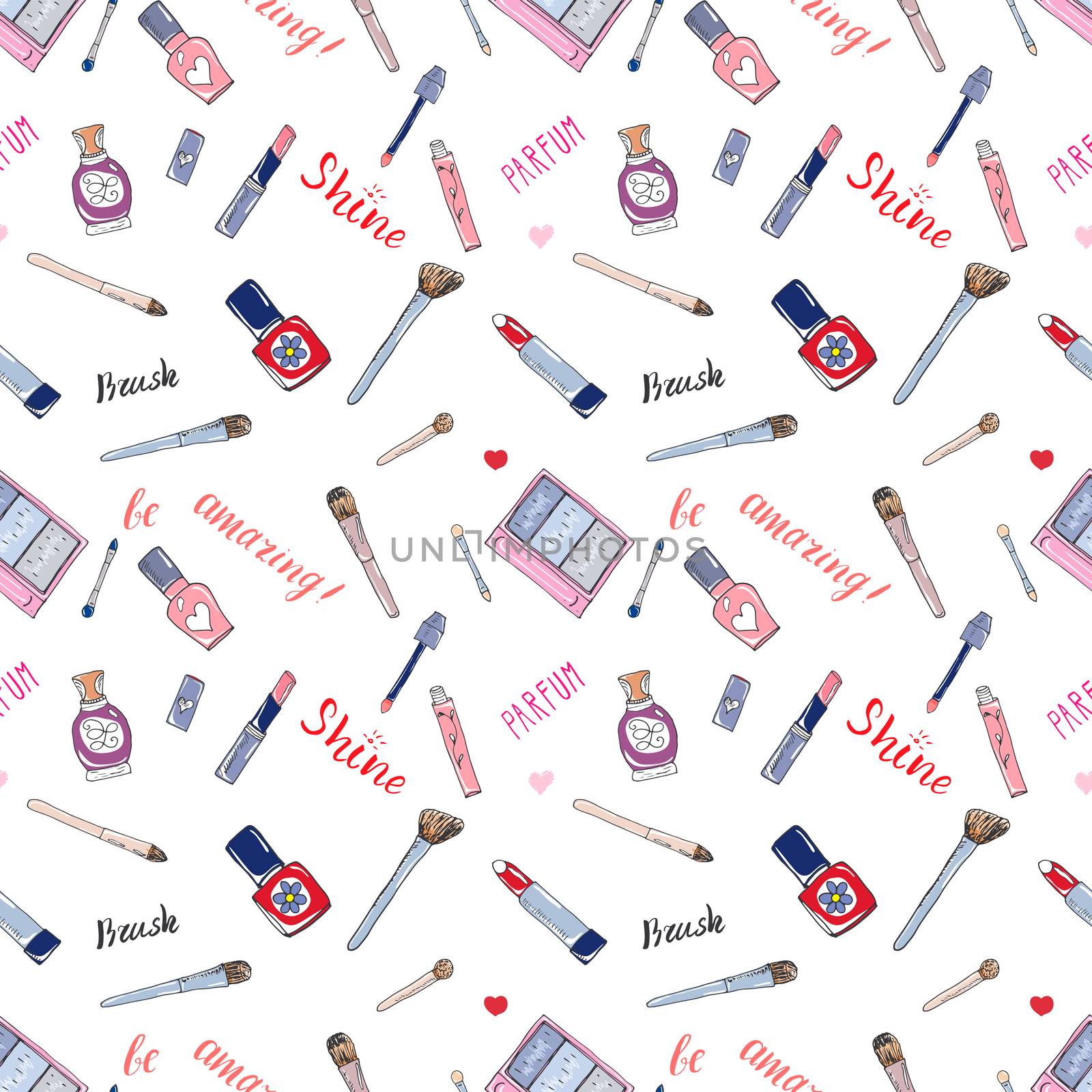 Hand drawn collection of make up, cosmetics and beauty items seamless pattern, with lipstick brush parfume and lettering vector illustration isolated.