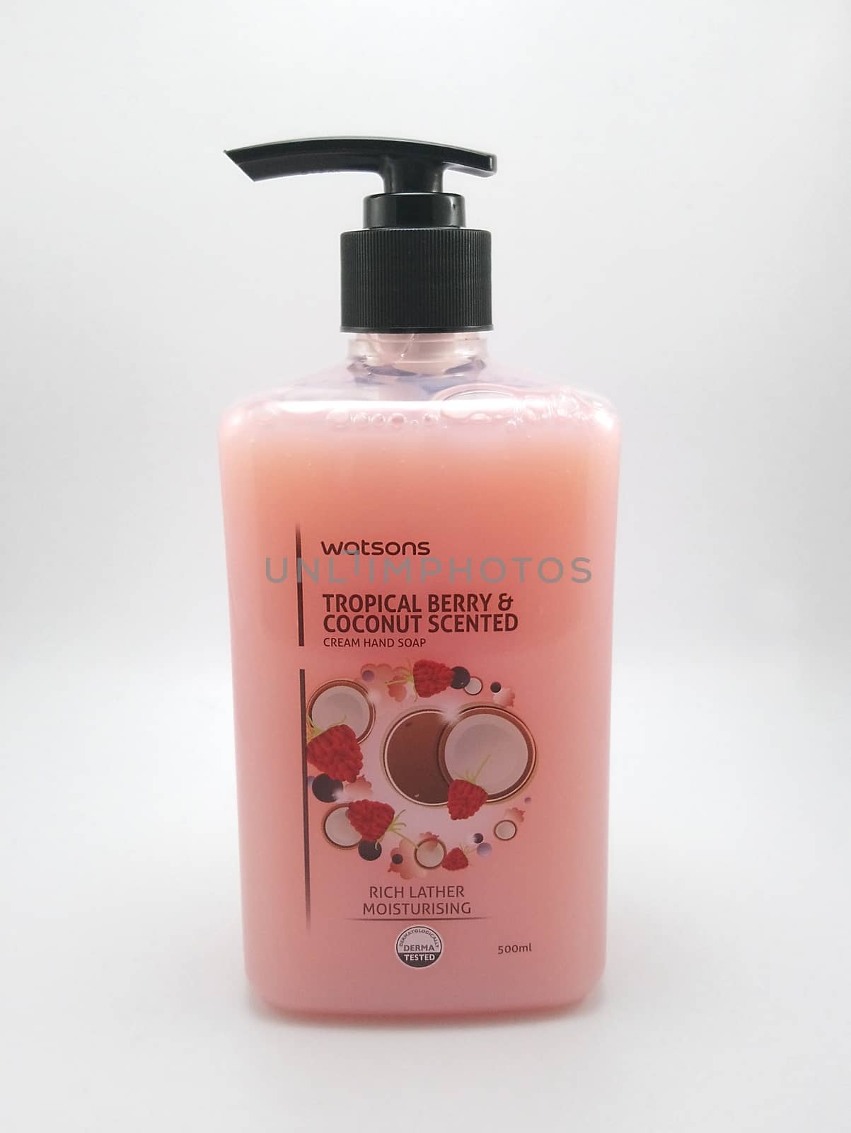 MANILA, PH - SEPT 25 - Watsons tropical berry and coconut scented cream liquid hand soap on September 25, 2020 in Manila, Philippines.